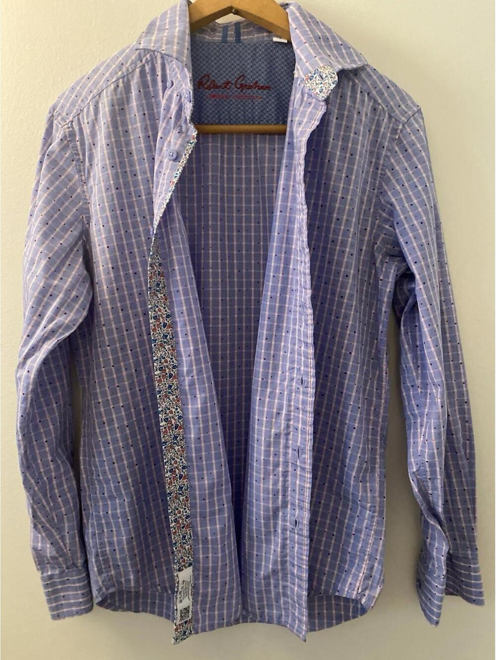 Robert Graham Men's S Blue Purple Check Dots & Floral Trim LS Shirt Button Up - Picture 7 of 7